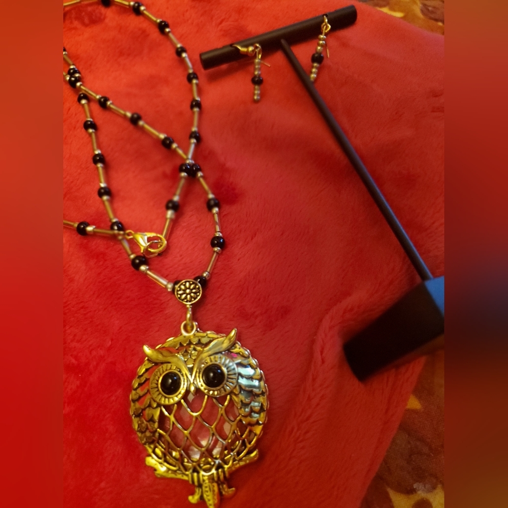 OWL necklace w/ earrings. Sliding locket diffuser magnifier. Gold Tone. Teacher? - Picture 2 of 4